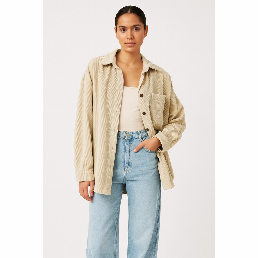 Corduroy Button Front Pocket Shacket Unisex Utility Shirt Jacket